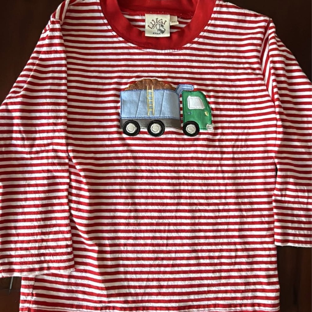 Luigi Kids Red and White Striped Long Sleeve Tee with Truck Design